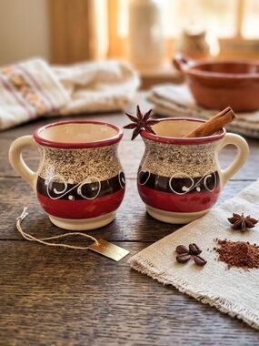 Set of 2 Mexican Terra Cotta Pottery Coffee Mugs Jarritos Handmade Hand Painted